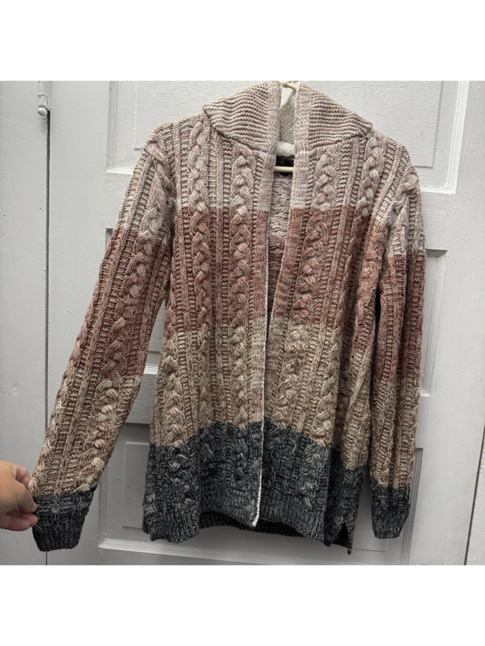 Lety & Me Hooded Cable Knit Cardigan Sweater S Colorblock Open Front Cozy